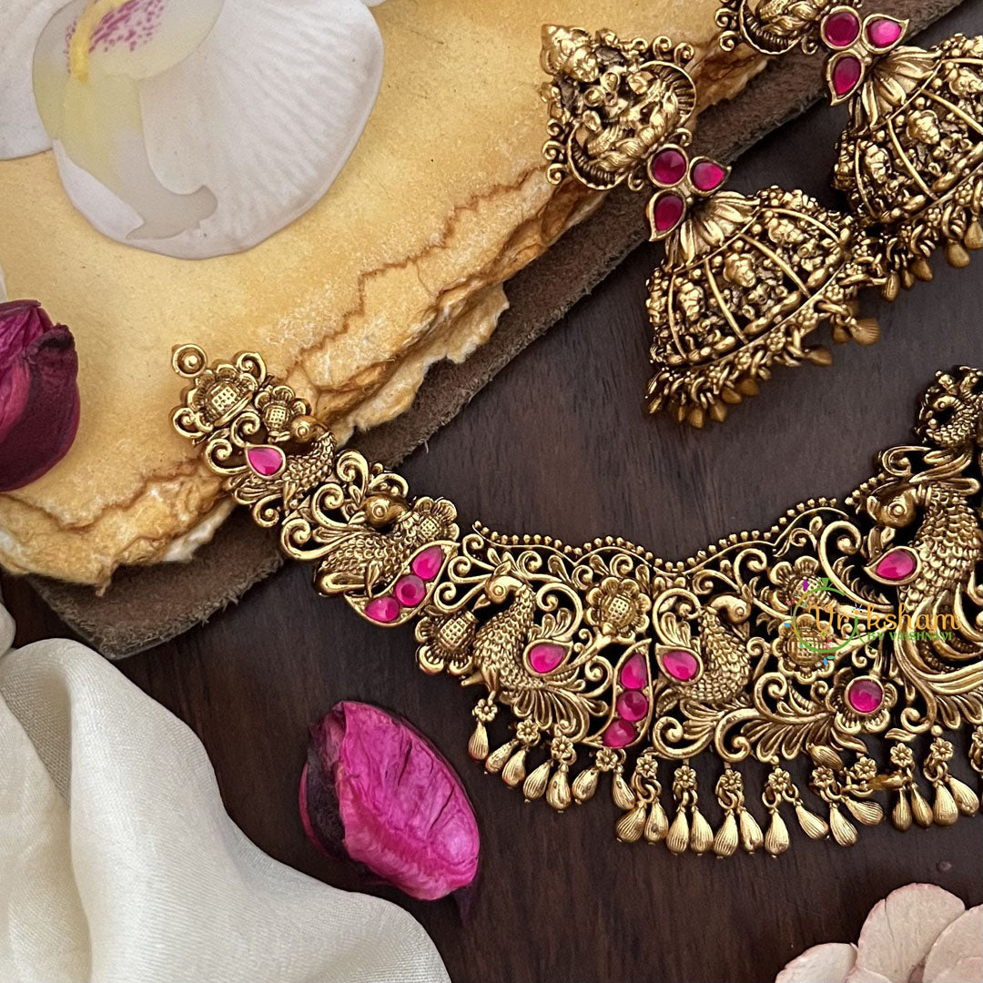Vriksham Gold Look Alike Lakshmi Jadau Pendant Short Neckpiece-Red-G17835