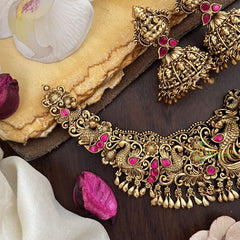 Vriksham Gold Look Alike Lakshmi Jadau Pendant Short Neckpiece-Red-G17835