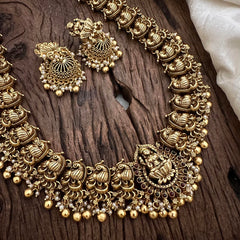 Gold Look Alike Lakshmi Long Neckpiece-Golden Beads-Pearls-G12670