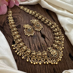 Gold Look Alike Lakshmi Long Neckpiece-Golden Beads-Pearls-G12670