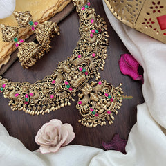 Vriksham Gold Look Alike Lakshmi Jadau Pendant Short Neckpiece-Red Green-G17841
