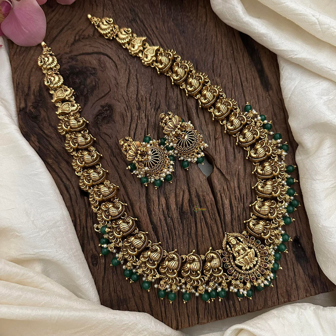 Gold Look Alike Lakshmi Long Neckpiece-Green Beads-Pearls-G12669