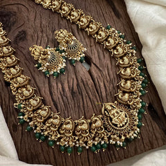 Gold Look Alike Lakshmi Long Neckpiece-Green Beads-Pearls-G12669