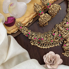 Vriksham Gold Look Alike Lakshmi Jadau Pendant Short Neckpiece-Red Green-G17841