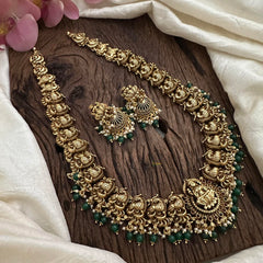 Gold Look Alike Lakshmi Long Neckpiece-Green Beads-Pearls-G12669