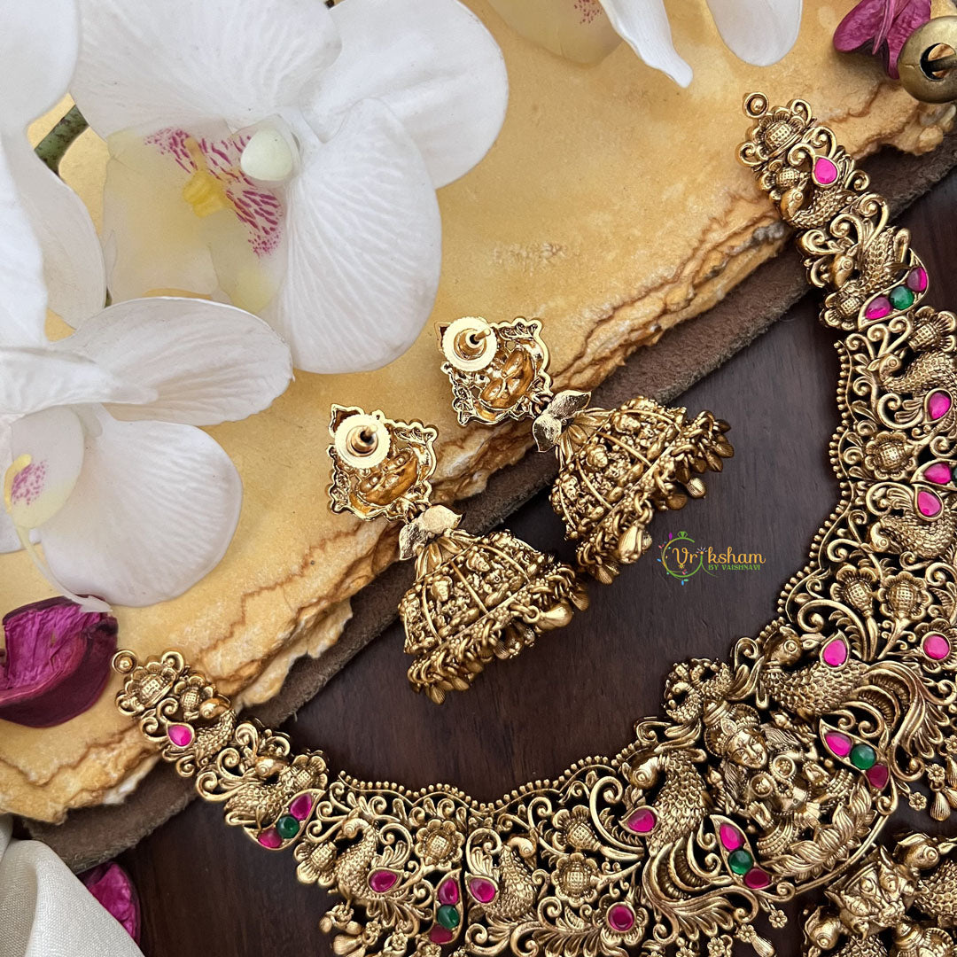 Vriksham Gold Look Alike Lakshmi Jadau Pendant Short Neckpiece-Red Green-G17841