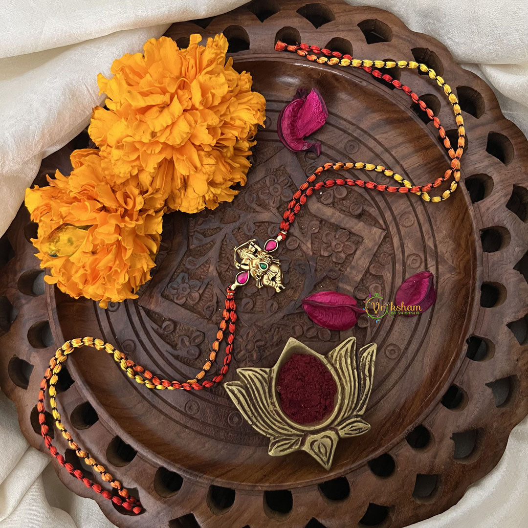 Vriksham Rakshabandhan Kundan Jadau Shree Ganesha Pendant Rakhi-Green Red-G18979