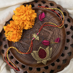 Vriksham Rakshabandhan Kundan Jadau Shree Ganesha Pendant Rakhi-Green Red-G18979