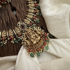 Antique Peacock Lakshmi Long Neckpiece-Colar-Green Beads-Pearls-G12666