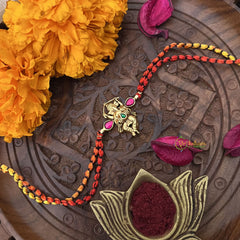 Vriksham Rakshabandhan Kundan Jadau Shree Ganesha Pendant Rakhi-Green Red-G18979