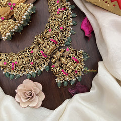 Vriksham Gold Look Alike Lakshmi Jadau Pendant Short Neckpiece-Red-Pastel Green Bead-G17848