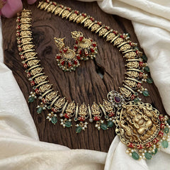 Antique Peacock Lakshmi Long Neckpiece-Colar-Green Beads-Pearls-G12666