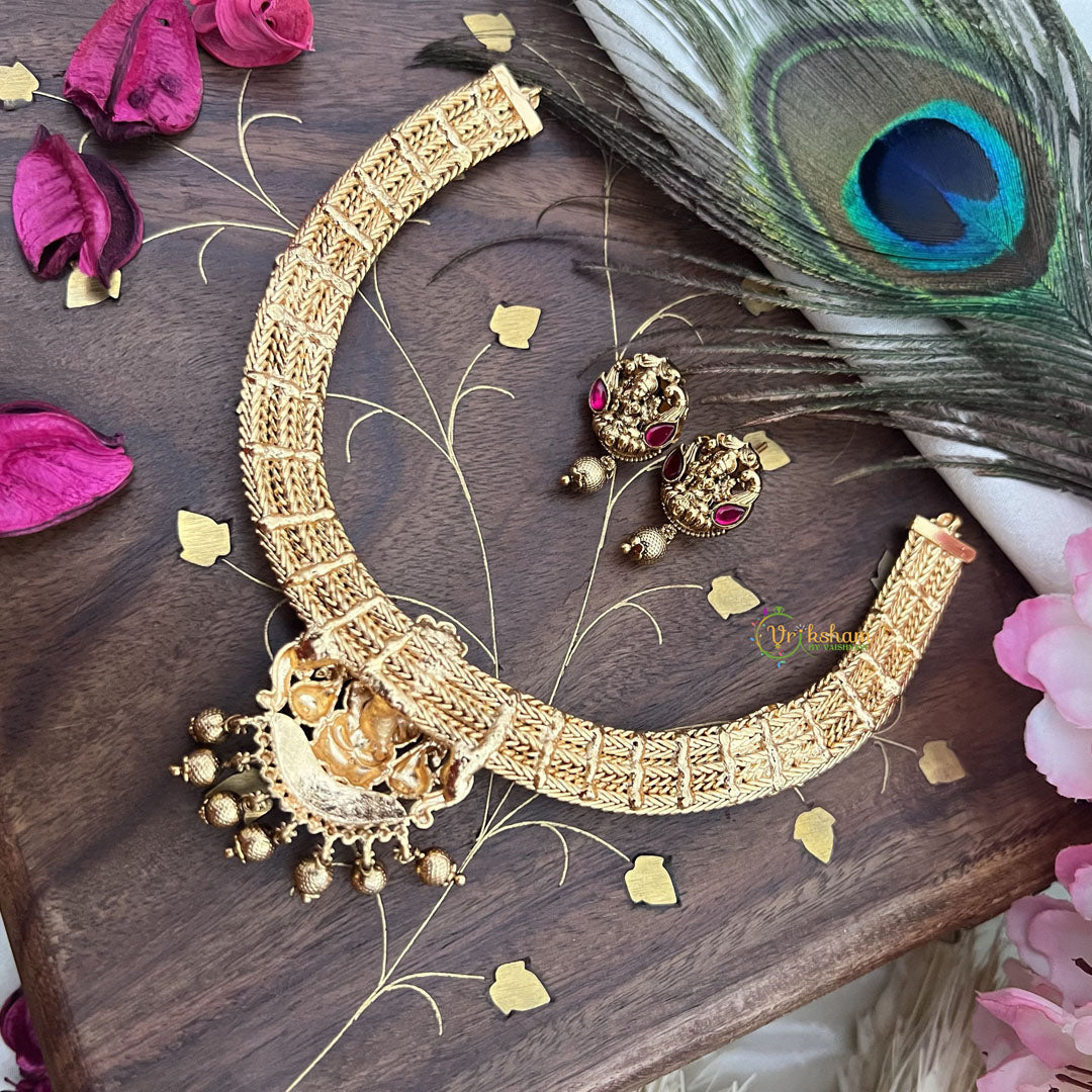 Vriksham Lakshmi Dual Peacock Pendant Addigai-Red-Gold Bead-G18071