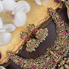Vriksham Gold Look Alike Lakshmi Jadau Pendant Short Neckpiece-Red-Pastel Green Bead-G17848