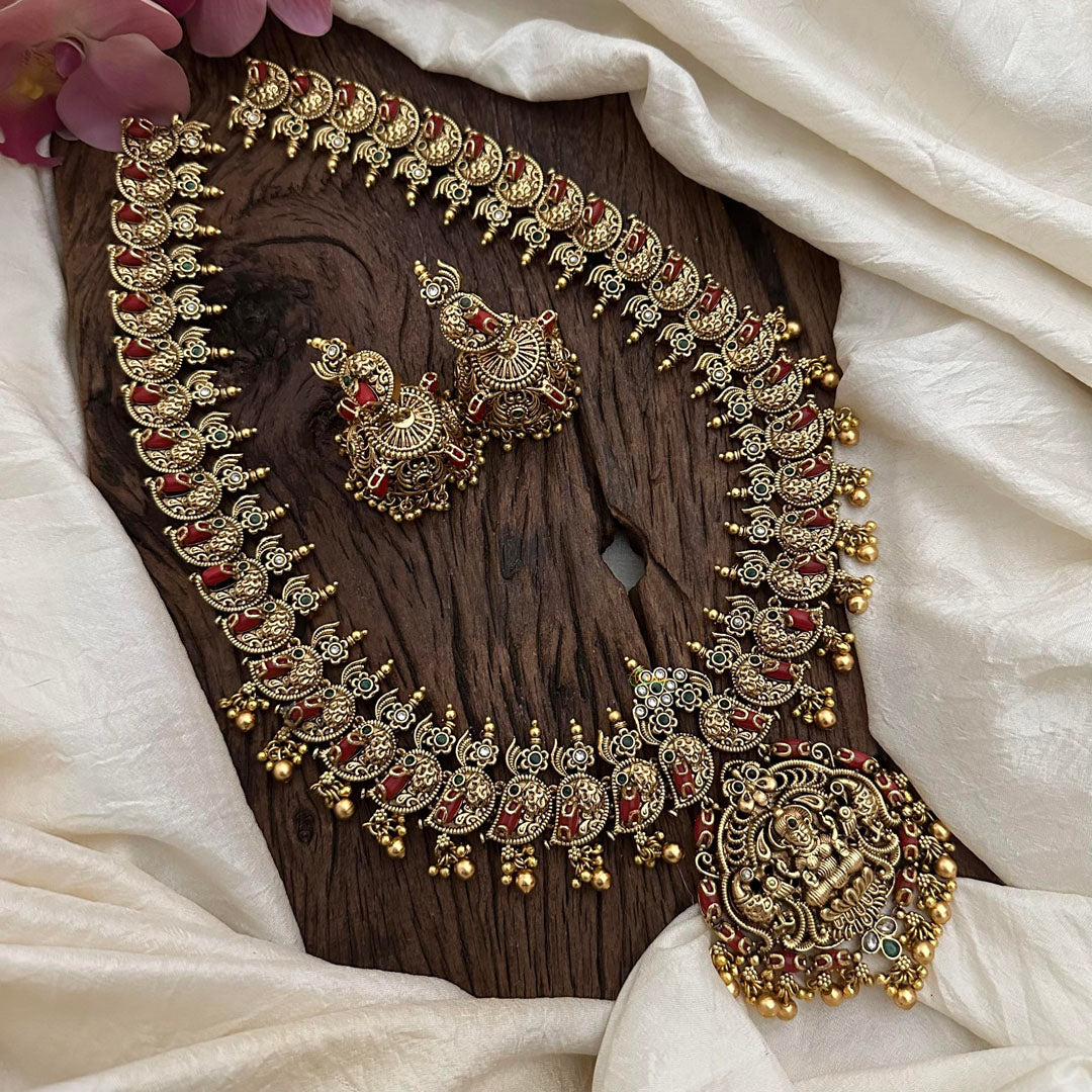 Antique Peacock Lakshmi Long Neckpiece-Golden Beads-Coral-G12664