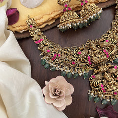 Vriksham Gold Look Alike Lakshmi Jadau Pendant Short Neckpiece-Red-Pastel Green Bead-G17848