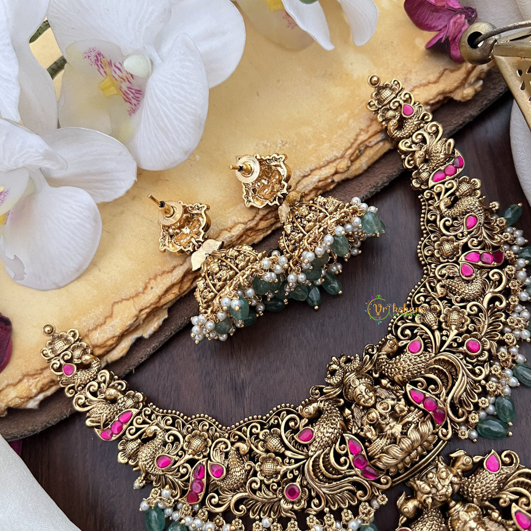 Vriksham Gold Look Alike Lakshmi Jadau Pendant Short Neckpiece-Red-Pastel Green Bead-G17848