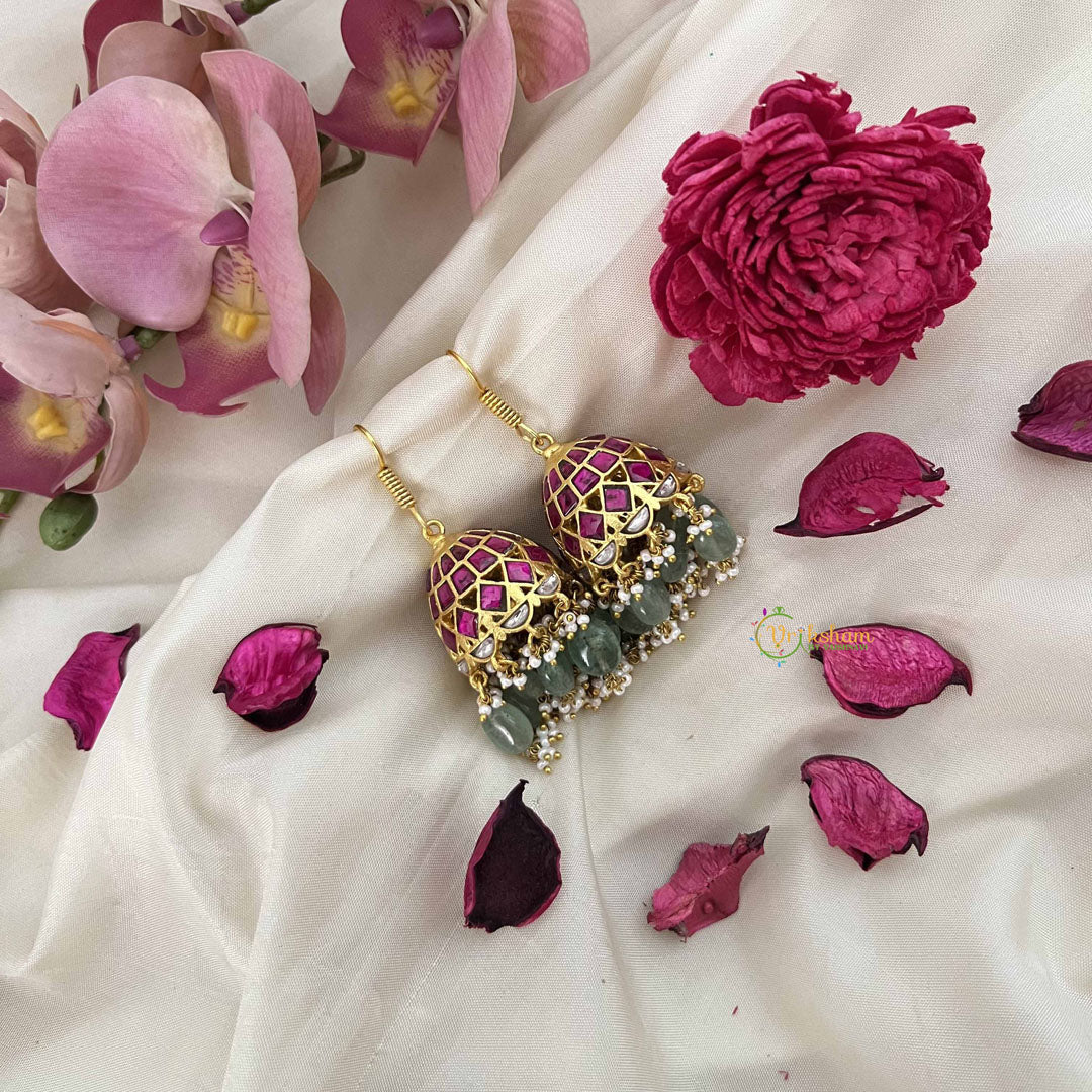 Vriksham Heritage Dome Jadau Jhumkas-Red White-Green Bead & Rice Pearl-J3612