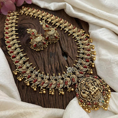 Antique Peacock Lakshmi Long Neckpiece-Golden Beads-Coral-G12664