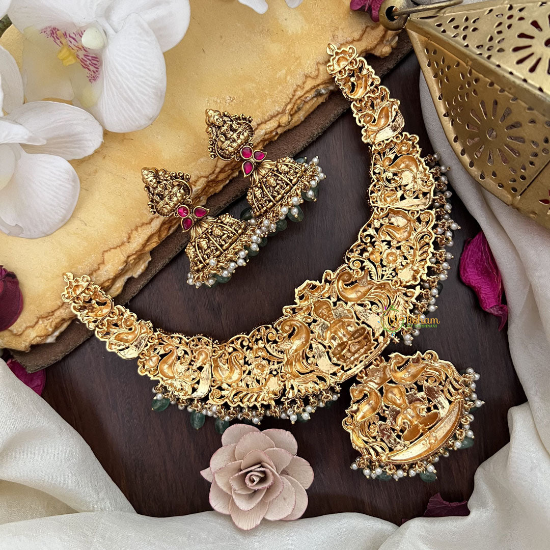 Vriksham Gold Look Alike Lakshmi Jadau Pendant Short Neckpiece-Red-Pastel Green Bead-G17848