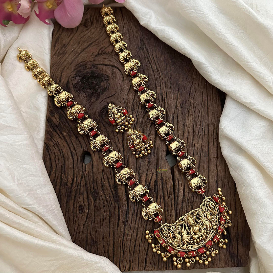 Unique Lakshmi Pendant Long Elephant Neckpiece-Coral-Golden Beads-G12673