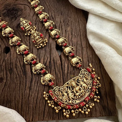 Unique Lakshmi Pendant Long Elephant Neckpiece-Coral-Golden Beads-G12673