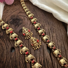 Unique Lakshmi Pendant Long Elephant Neckpiece-Coral-Golden Beads-G12673