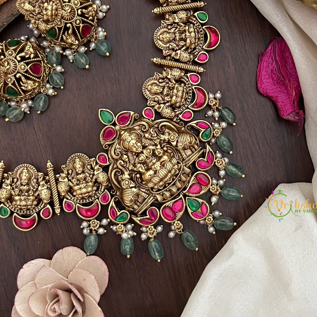 Vriksham Gold Look Alike Lakshmi Jadau Addigai-Red Green-Pastel Green Bead-G17847