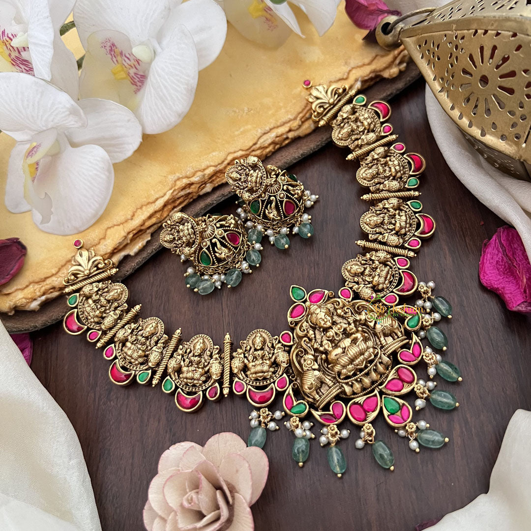 Vriksham Gold Look Alike Lakshmi Jadau Addigai-Red Green-Pastel Green Bead-G17847