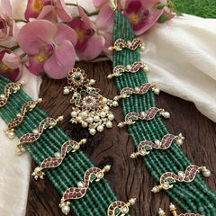 Royal Multilayered Long Pendant Neckpiece -Pastel Green Beads-Pearls-G12663