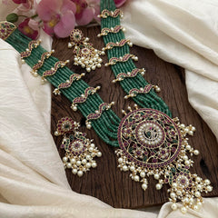 Royal Multilayered Long Pendant Neckpiece -Pastel Green Beads-Pearls-G12663