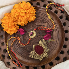 Vriksham Rakshabandhan Kundan Jadau Golden Half Moon With Flower Pendant Rakhi-Red White-G18961