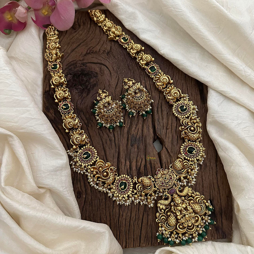 Antique Lakshmi Long Neckpiece-Green Beads-Pearls-G12662