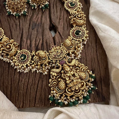 Antique Lakshmi Long Neckpiece-Green Beads-Pearls-G12662