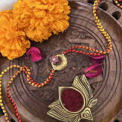 Vriksham Rakshabandhan Kundan Jadau Golden Half Moon With Flower Pendant Rakhi-Red White-G18961