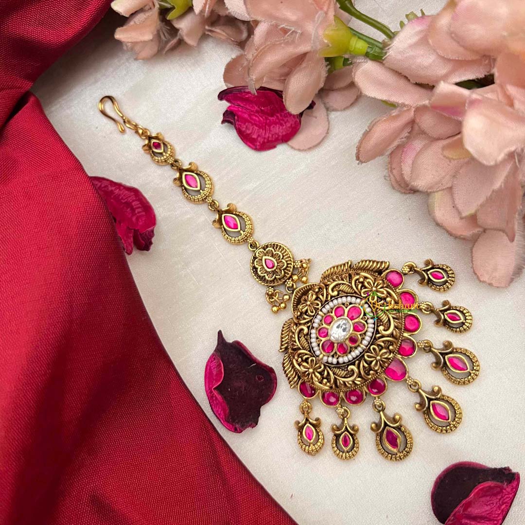 Vriksham Floral Center & Teardrop Dangles Maang Tikka-Red White-Pearls-J4227