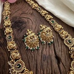 Antique Lakshmi Long Neckpiece-Green Beads-Pearls-G12662