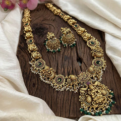 Antique Lakshmi Long Neckpiece-Green Beads-Pearls-G12662