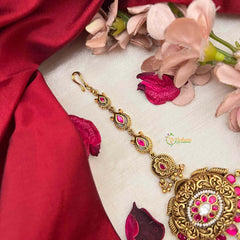 Vriksham Floral Center & Teardrop Dangles Maang Tikka-Red White-Pearls-J4227