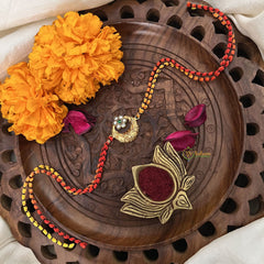 Vriksham Rakshabandhan Kundan Jadau Golden Half Moon With Flower Pendant Rakhi-Green  White-G18962