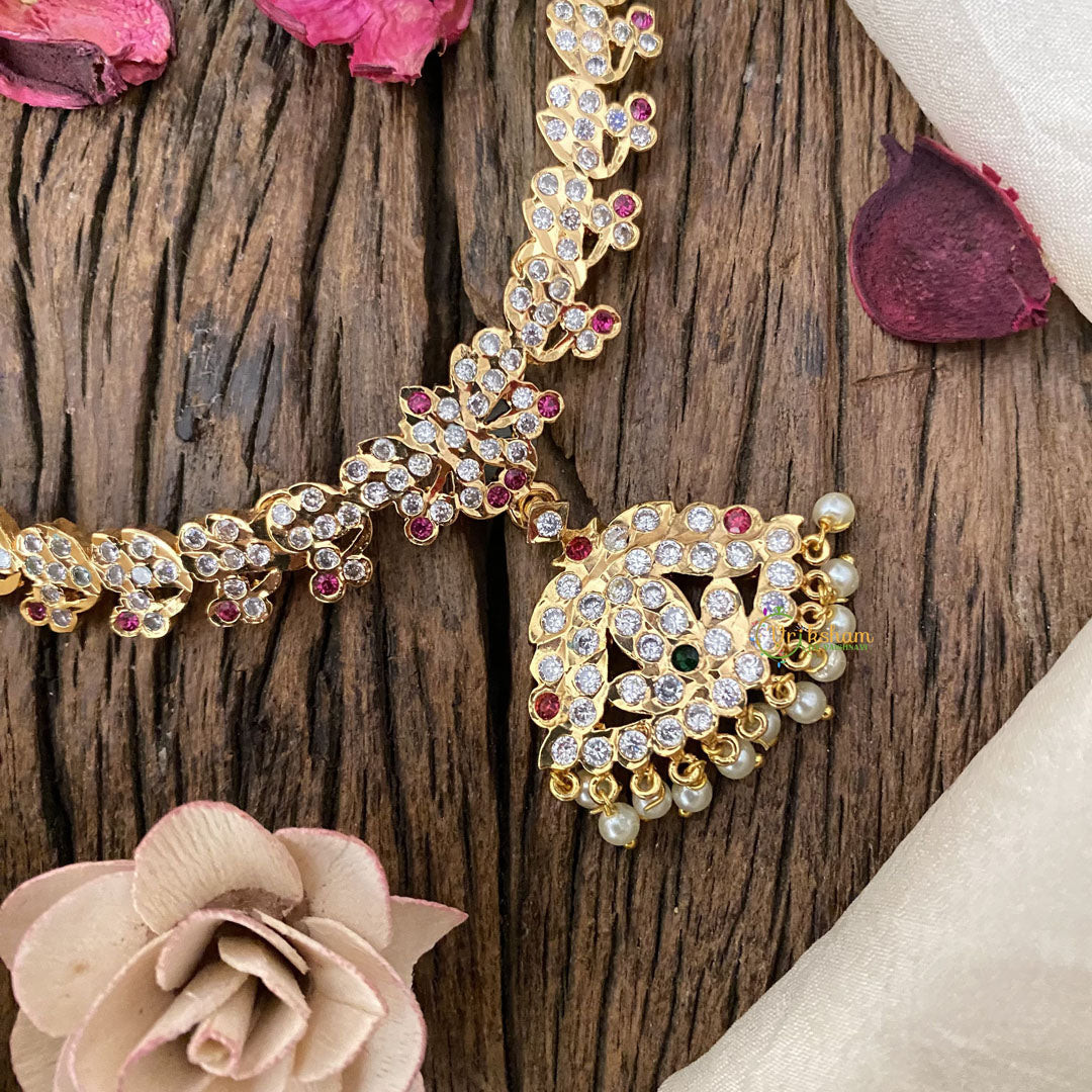 Vriksham Gold Look Alike AD Stone Unique Short Neckpiece-Pearl-G17169