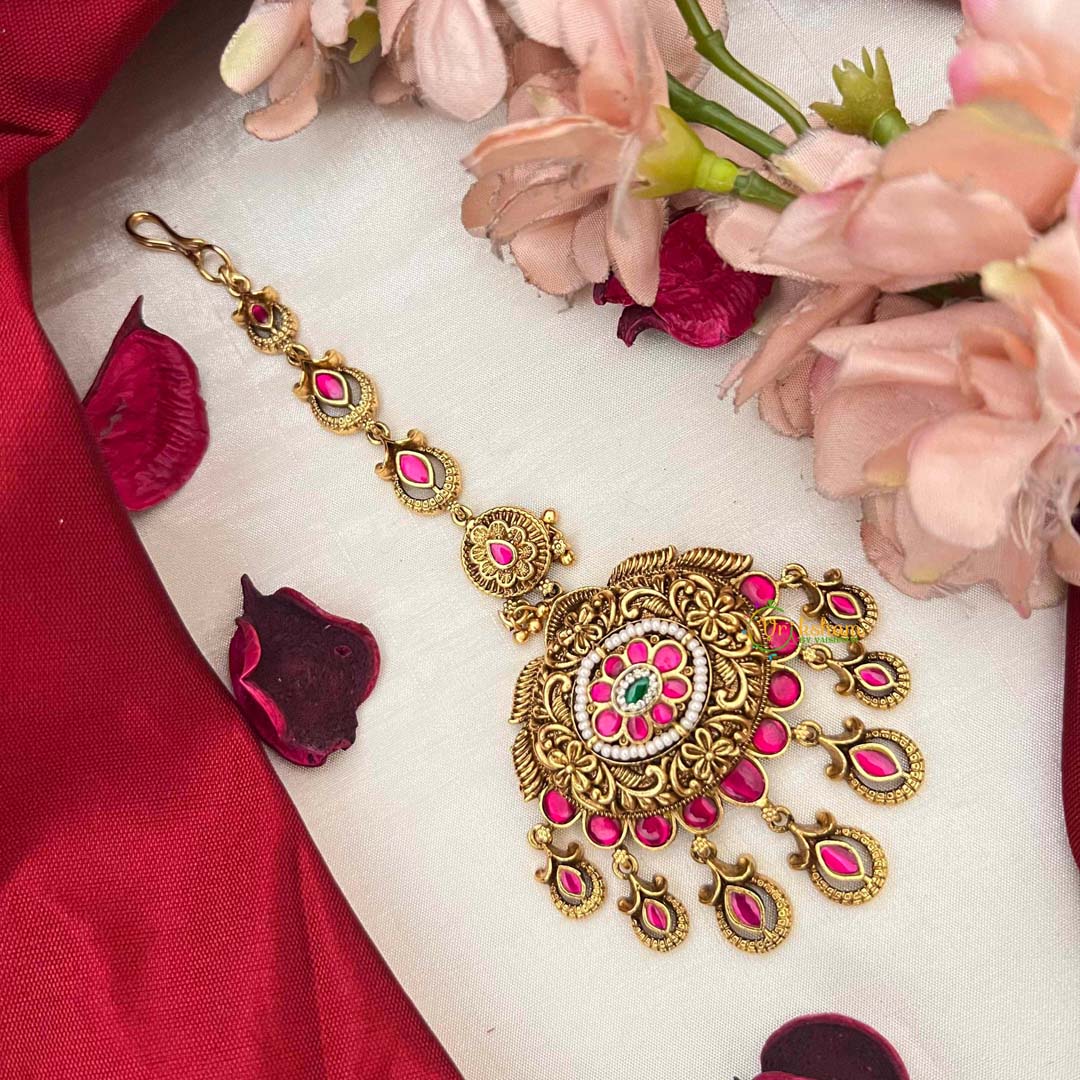 Vriksham Floral Center & Teardrop Dangles Maang Tikka-Red Green-Pearls-J4228