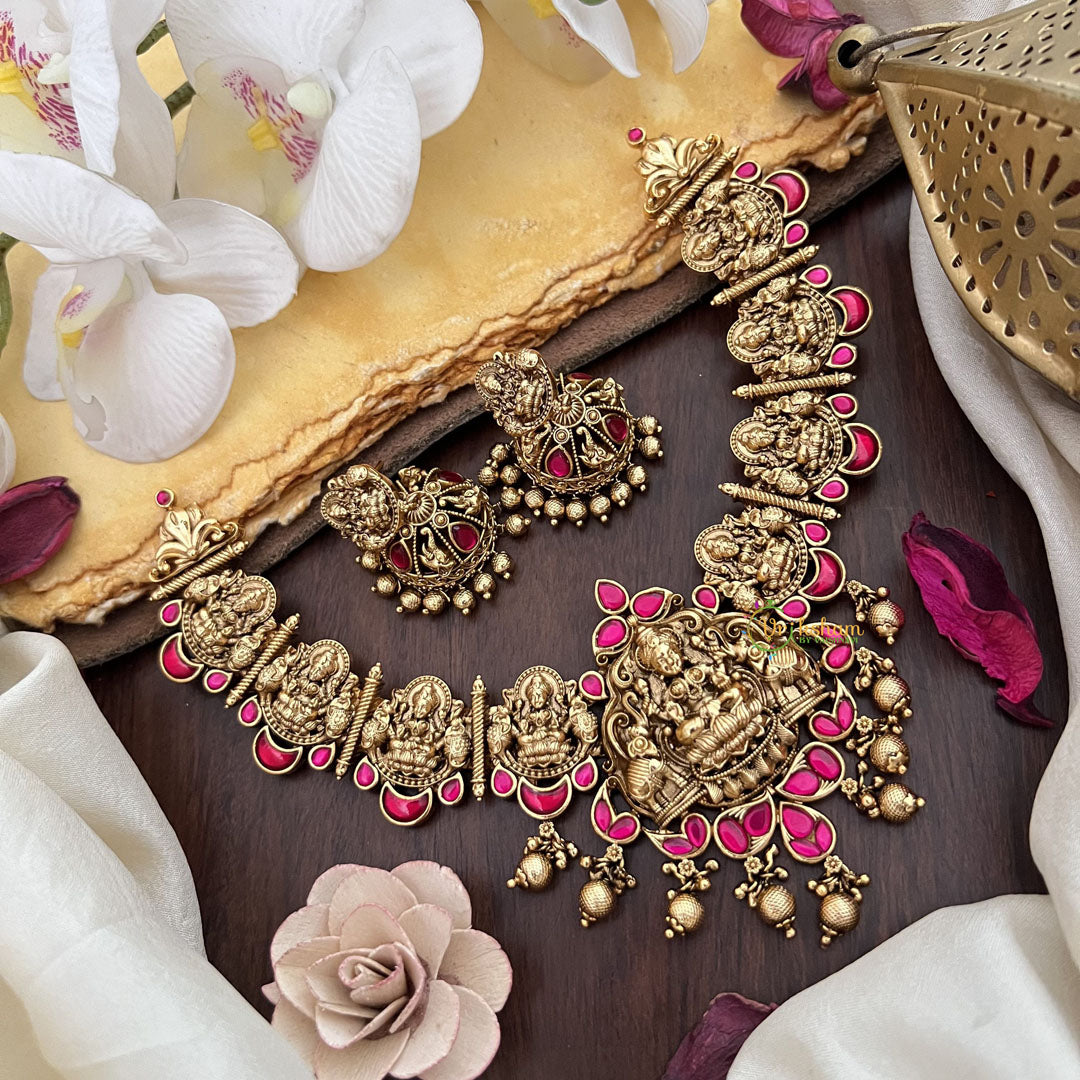 Vriksham Gold Look Alike Lakshmi Jadau Addigai-Red-Gold Bead-G17828