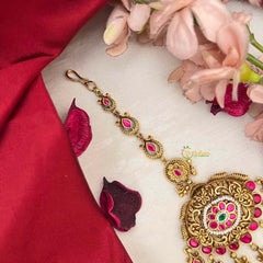 Vriksham Floral Center & Teardrop Dangles Maang Tikka-Red Green-Pearls-J4228