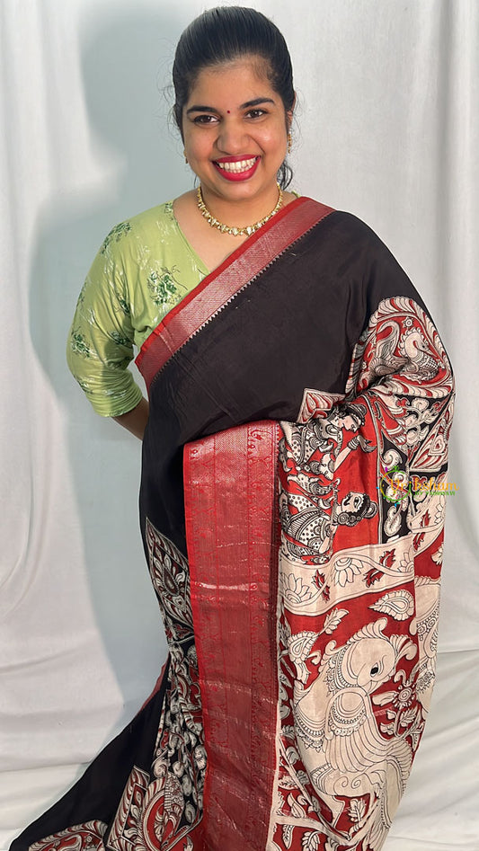 Black Red Kalamkari Saree with Kanchi Border-VS4144