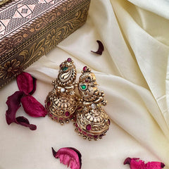 Premium 1 gm Gold Peacock Jhumka-Red-G14327