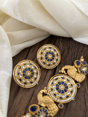 Gold Look Alike Jadau Kundan High Neck Choker- Blue-J1835