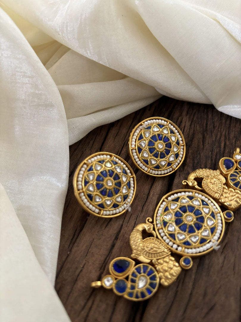 Gold Look Alike Jadau Kundan High Neck Choker- Blue-J1835