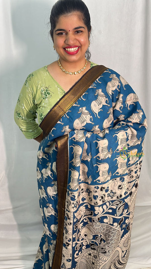 Grey Blue Kalamkari Saree with Nizam Border-VS4139