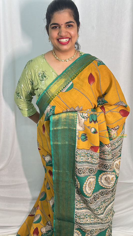 Mustard Pichwai Kalamkari Saree with Kanchi Border-VS4140